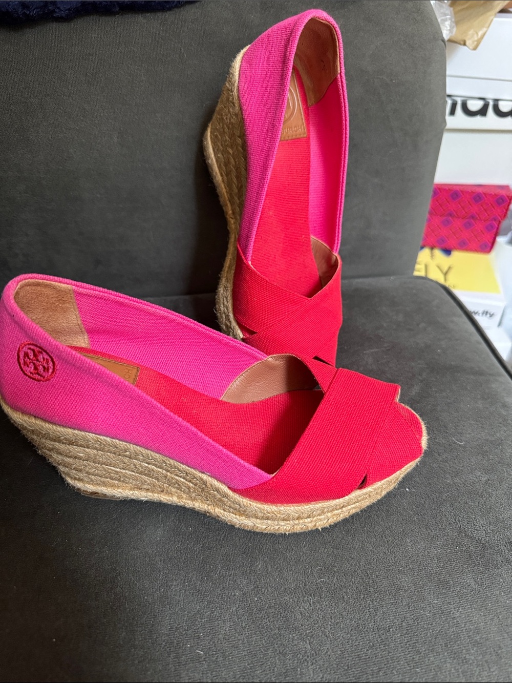 Tory Burch Pink and Red Espadrille Wedge Sandals - Two-Tone